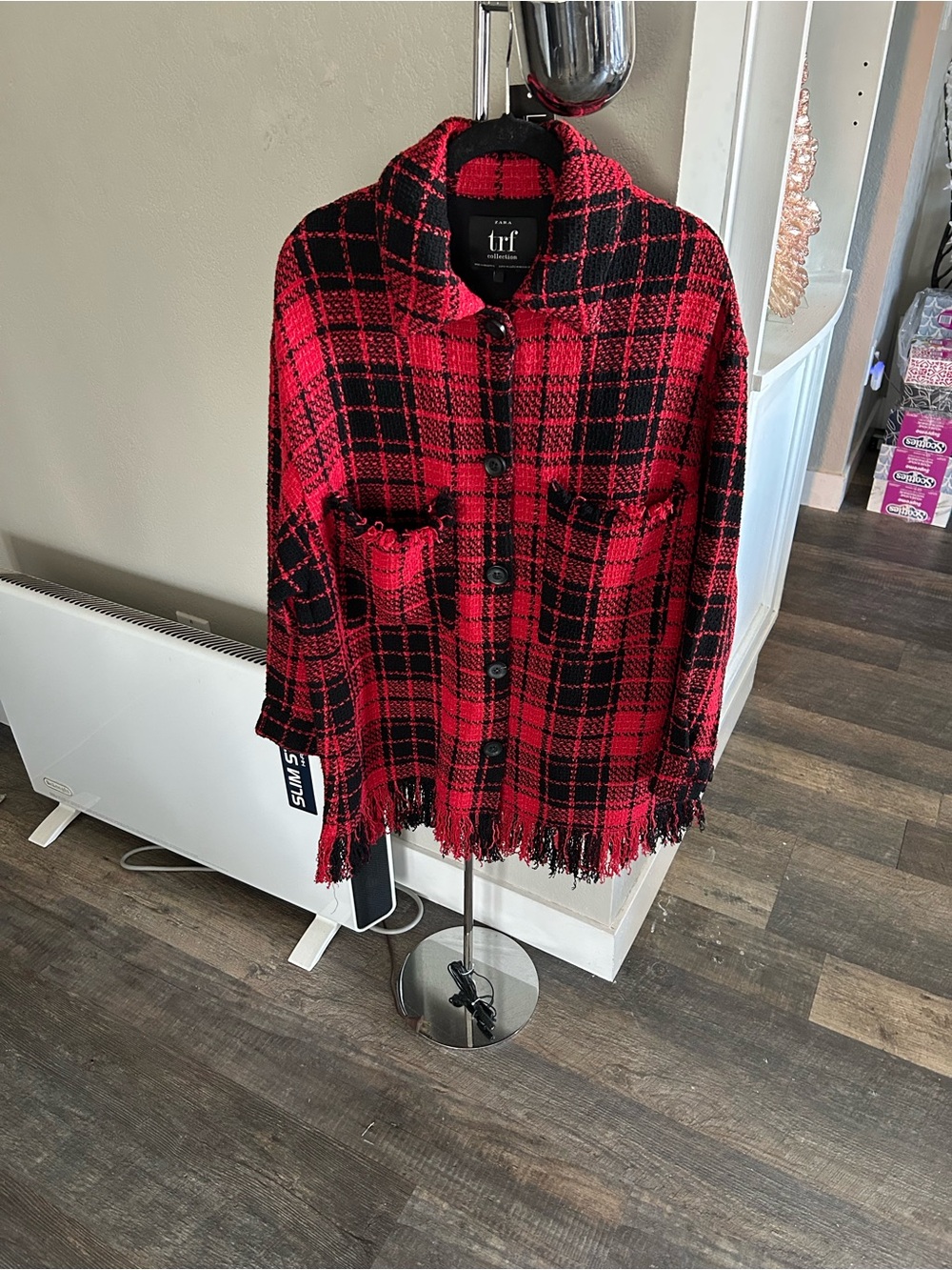 Zara Red and Black Plaid Oversize Fringe Jacket